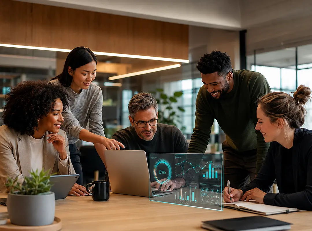Team gathered around a computer reviewing AI output